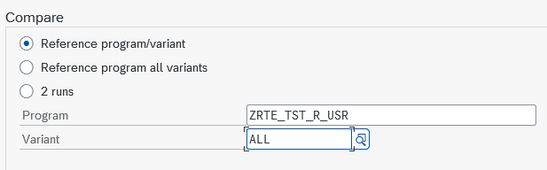 Compare mode 'Reference program/variant' selected with Program and Variant input fields