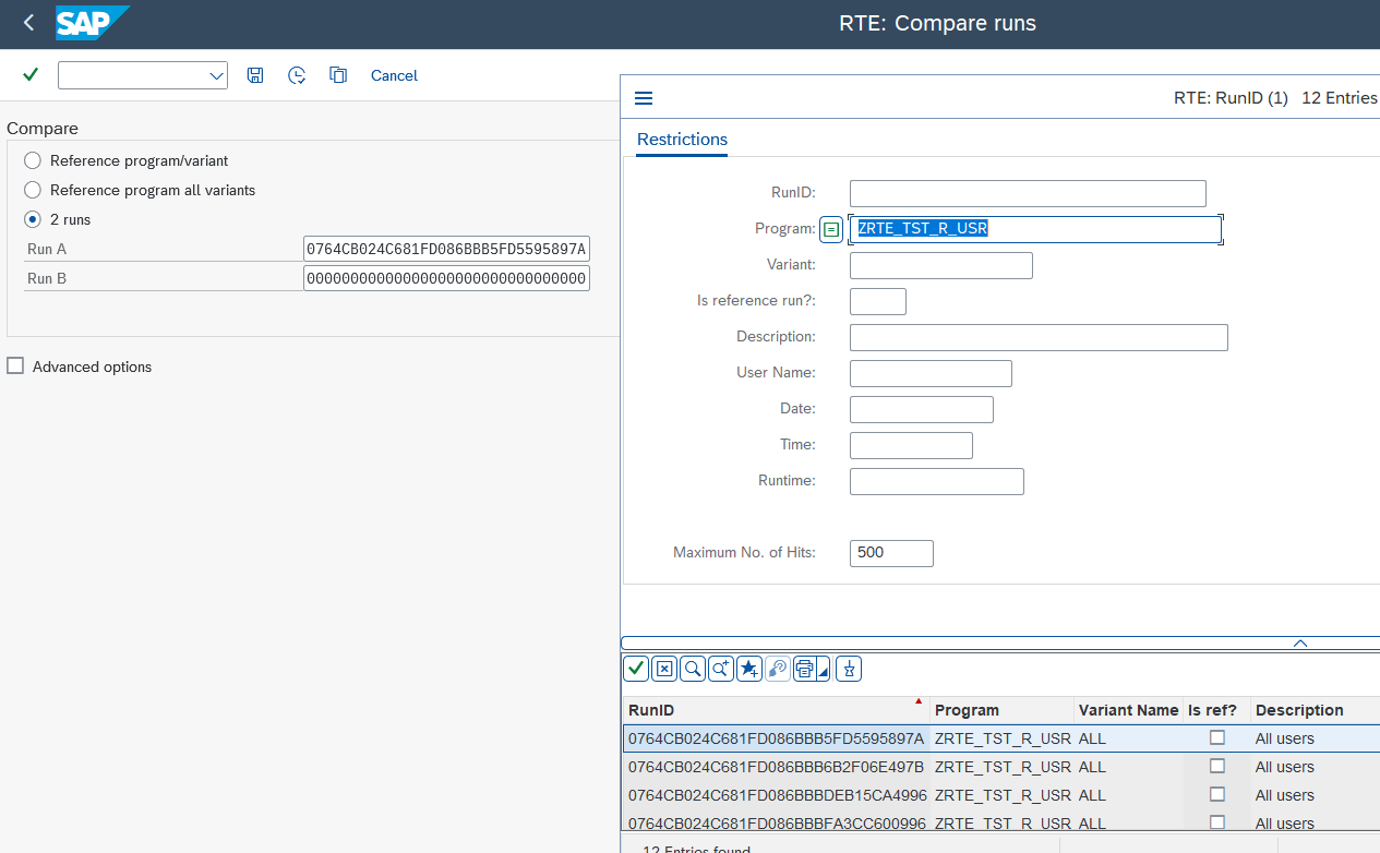 Compare mode '2 runs' selected with Run A and Run B ID input fields and search helps
