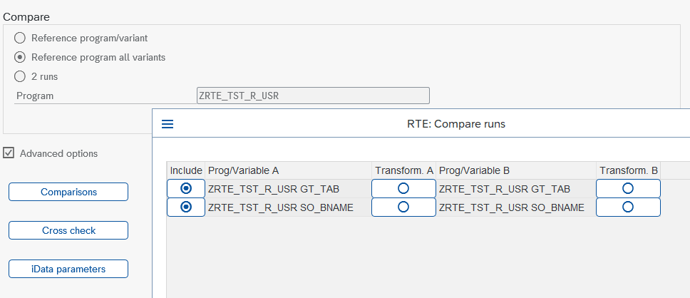'iData parameters' button active, pop-up showing variables from Run A and Run B for mapping definition
