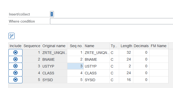 Transformation mapping pop-up for a variable, showing field list with Include, Sequence, Name, Type, etc.
