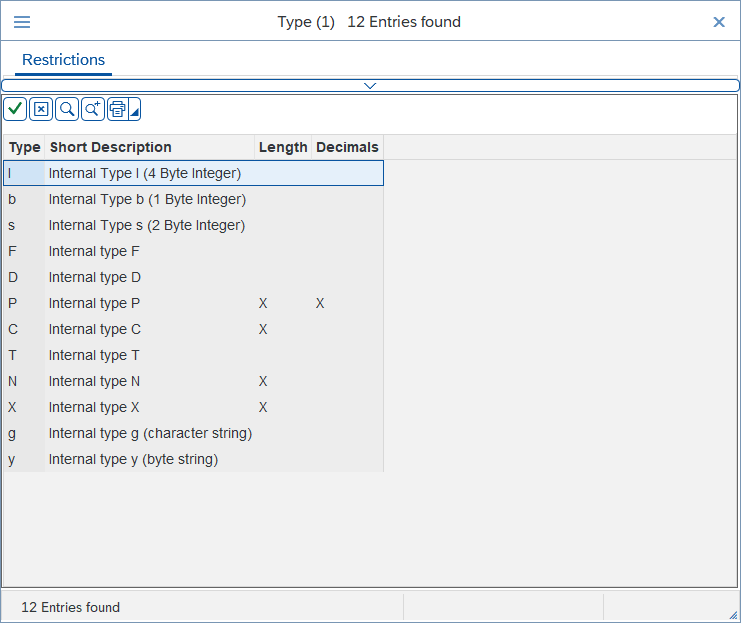 Search help for 'Type' field in transformation mapping, showing ABAP data types and applicability of Length/Decimals