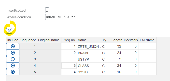 Transformation mapping showing 'USTYP' field excluded and Renumerate button highlighted
