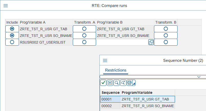 'iData parameters' screen showing a cross-check setup; Prog/Variable B is initially empty requiring selection