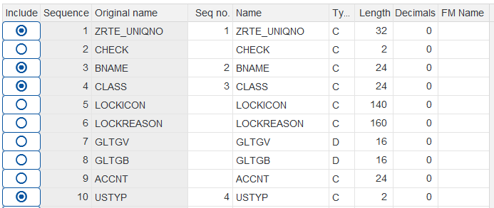 Transformation mapping for GT_USERLIST (Program A), showing only selected fields included for cross-check