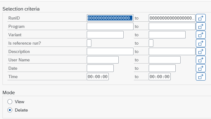 'Manage runs' selection screen with criteria like RunID, Program, Variant, etc., and Mode options View/Delete
