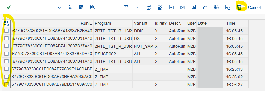 'Manage runs' ALV results with selection checkboxes on the left and delete (trash can) icon on the toolbar highlighted